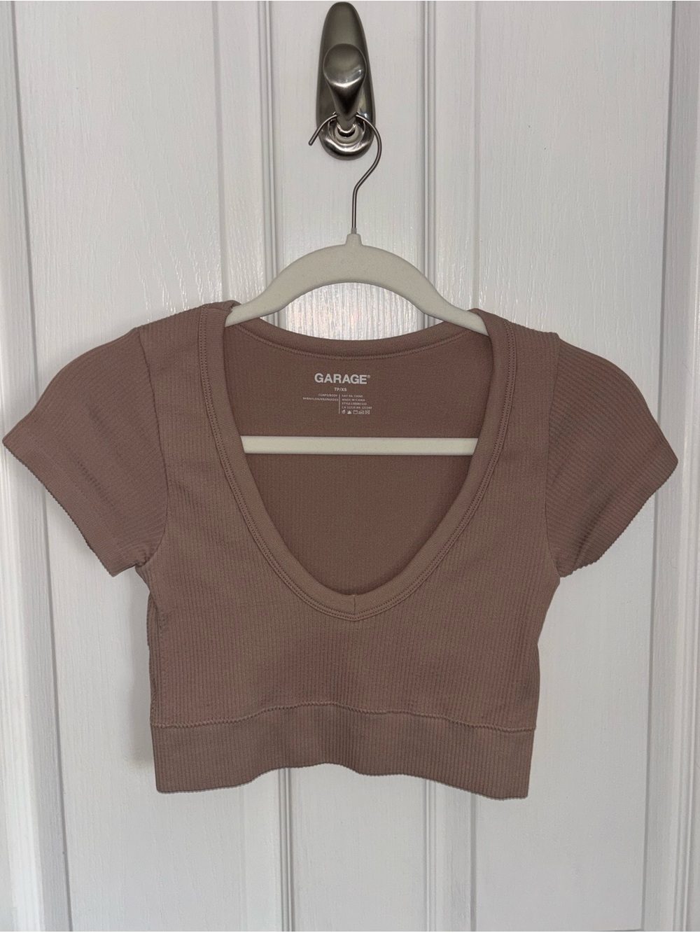 GARAGE Cropped Ribbed Plunge Neck Top - Tan